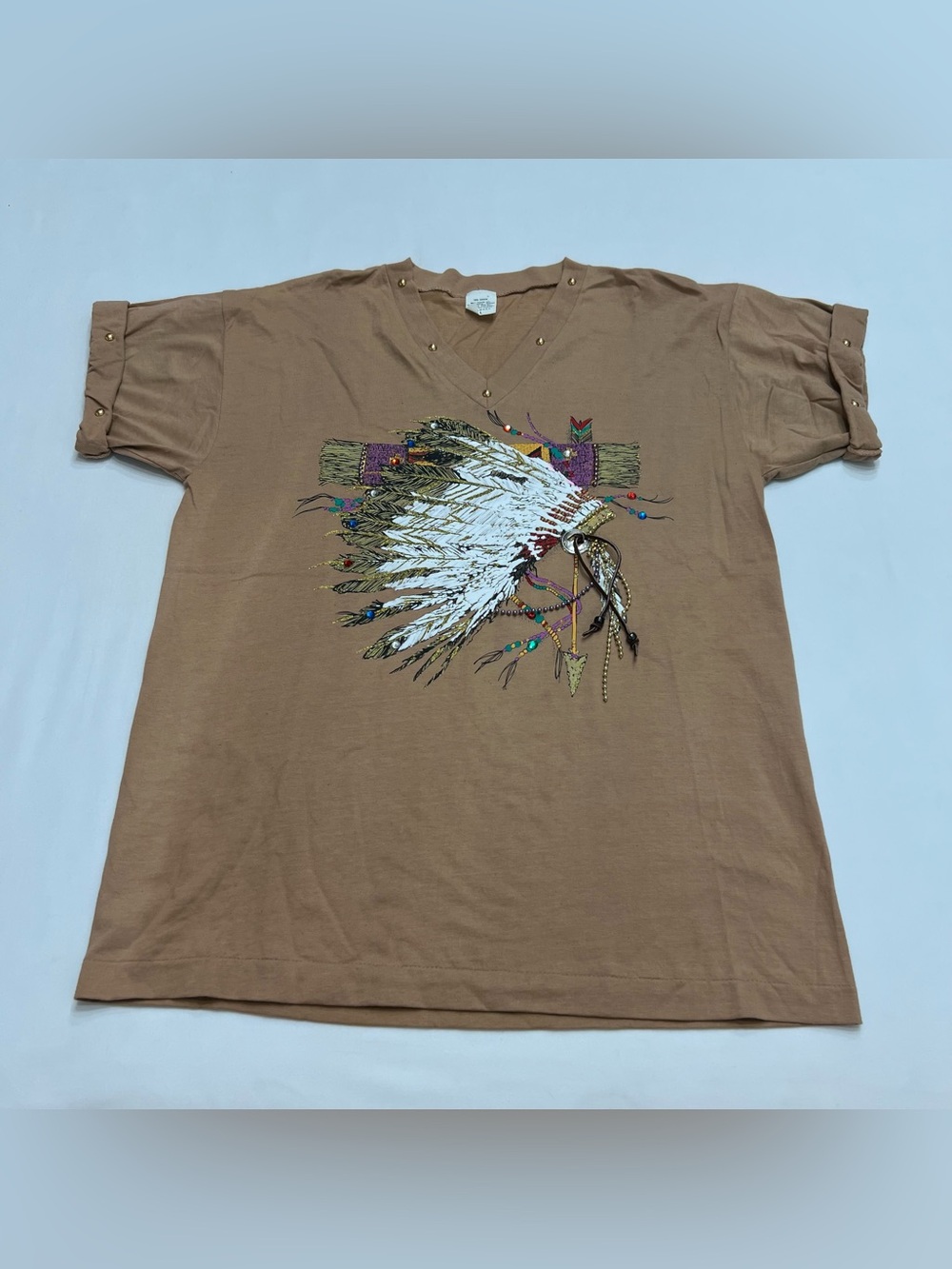 Vintage 80s Embellished Western T Shirt Sz Large Native American Headdress Rodeo